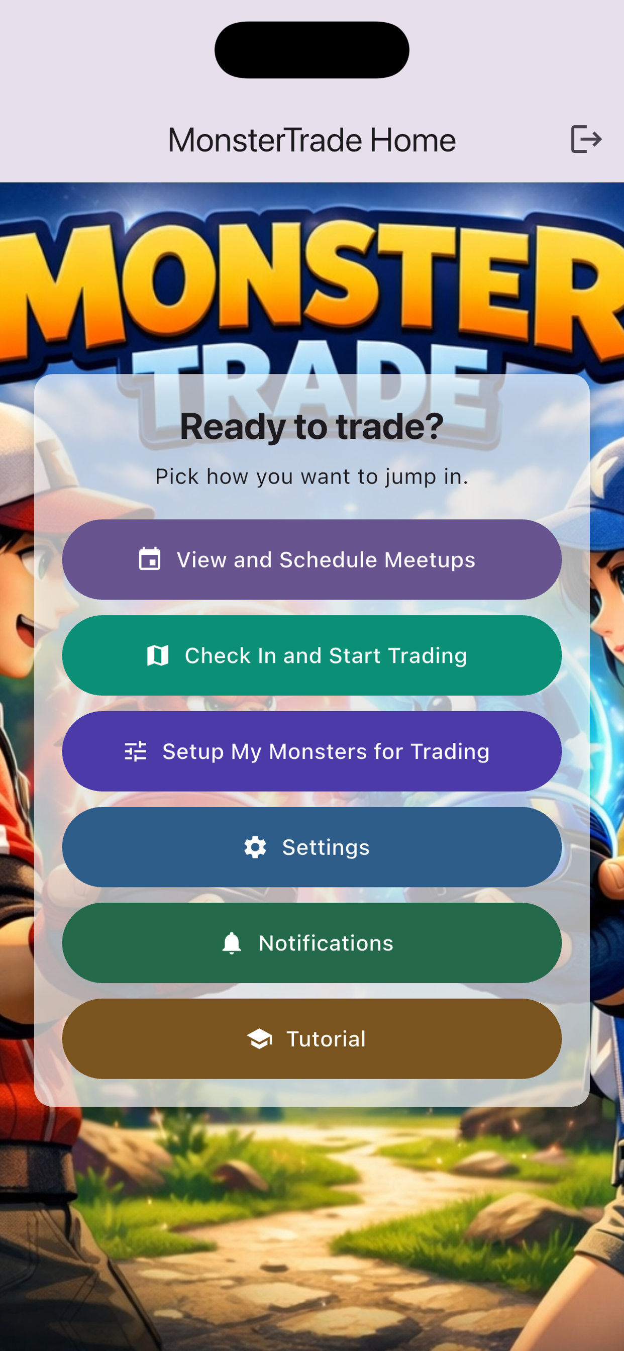 MonsterTrade home screen with quick actions such as View and Schedule Meetups, Check In and Start Trading, and Setup My Monsters for Trading.
