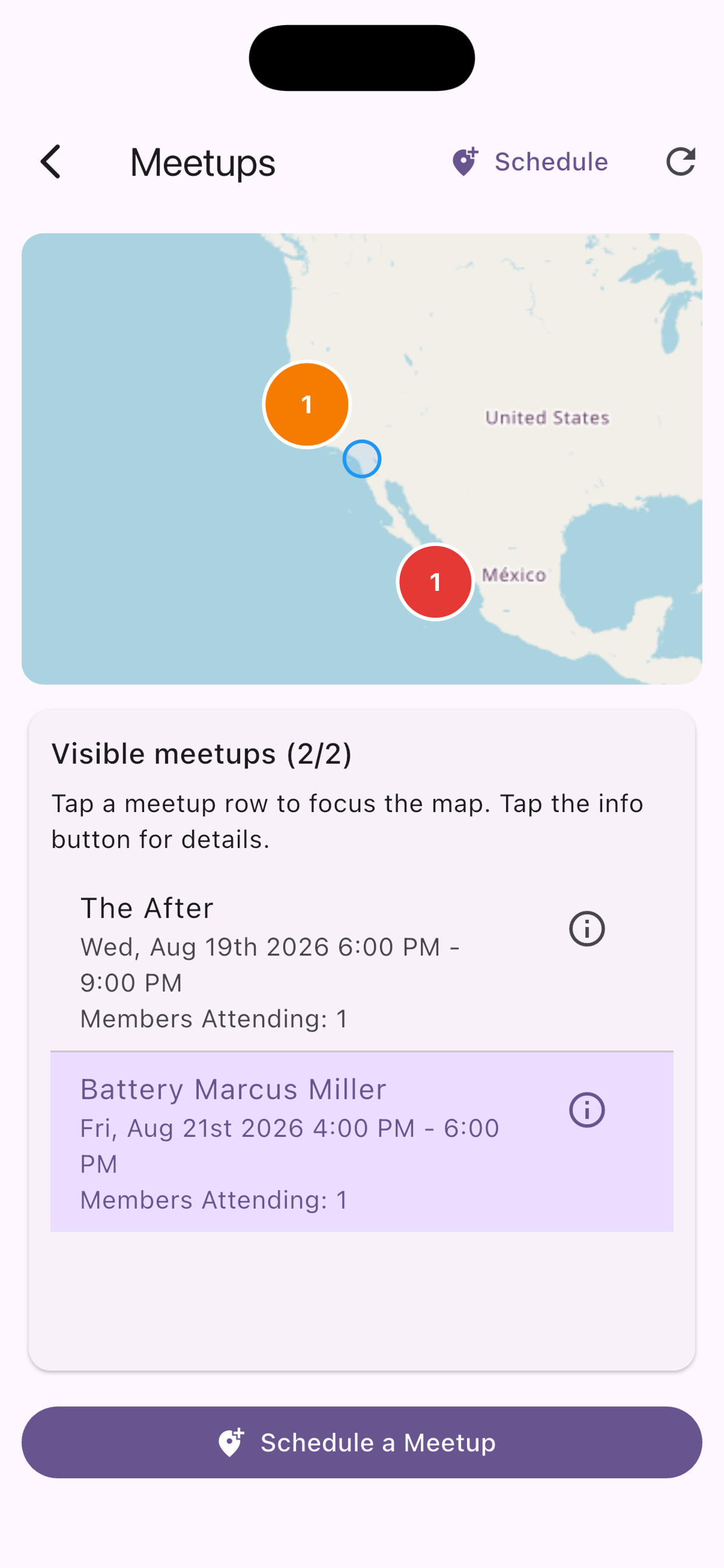 Meetups screen with map markers and a visible meetups list below.