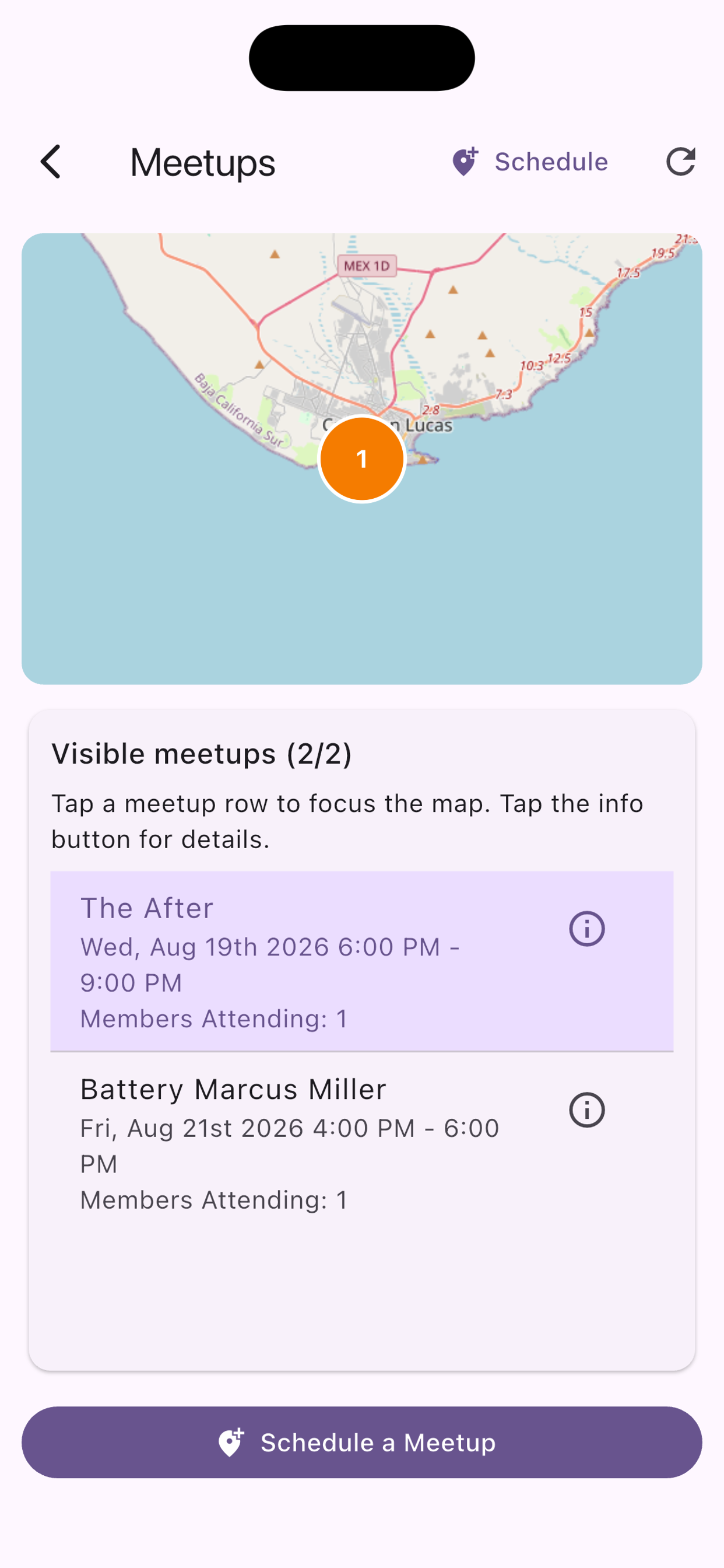 Meetups map zoomed to a specific event location with highlighted meetup card.