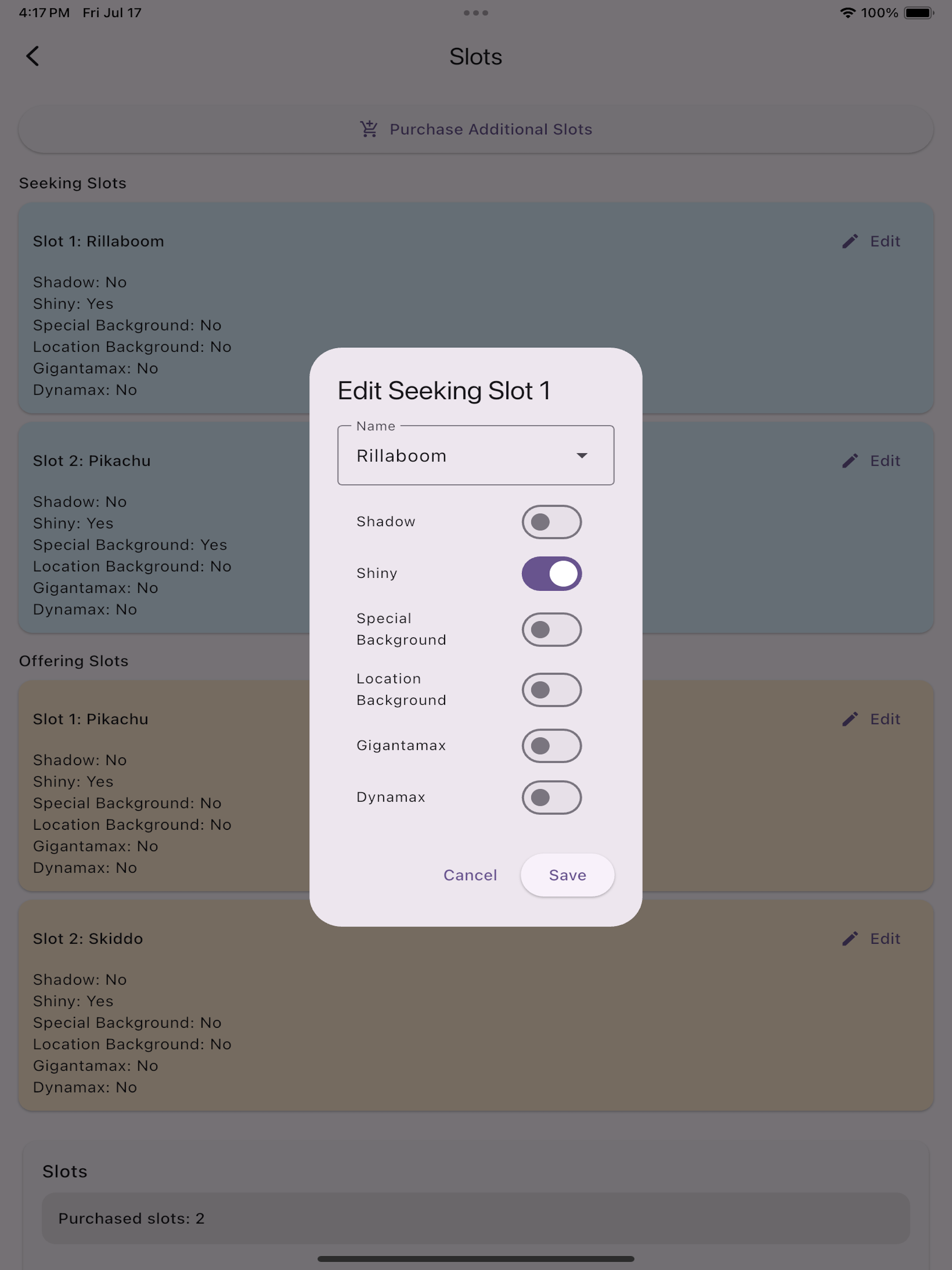 Edit slot modal with toggles for Shiny, Shadow, Special Background, Location Background, Gigantamax, and Dynamax.