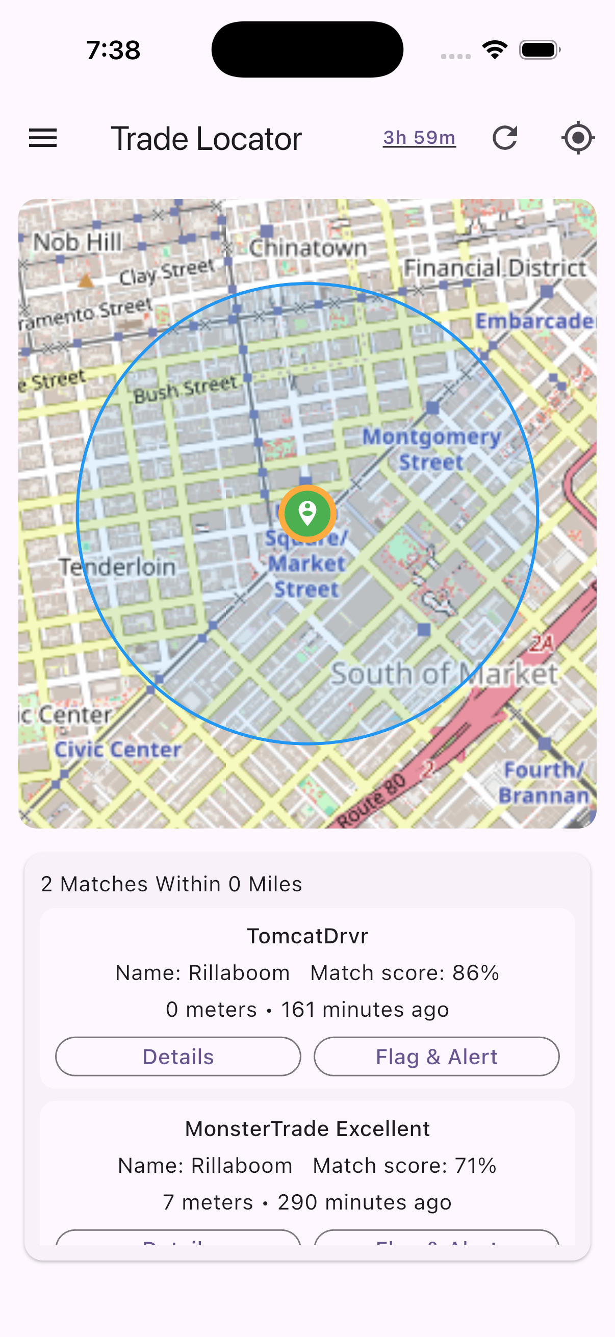 Trade Locator screen showing nearby matches, distance, and match score cards.